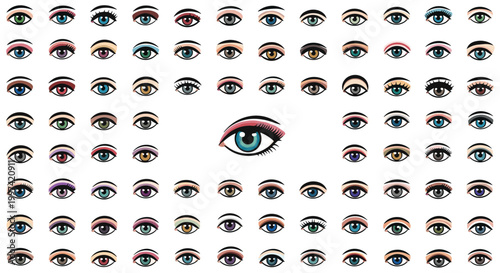Large collection of diverse human eyes featuring many different eye shapes and colors with a central large detailed eye with makeup and lashes.