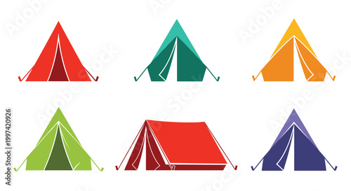 Colorful camping tent icons set showing six different styles of outdoor shelters for hiking, tourism, and mountain trekking adventures.