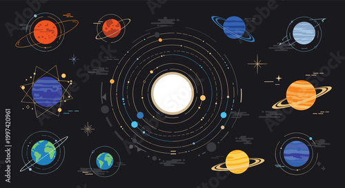 Solar system diagram showing the sun and planets orbiting in space with stars and nebulae in a flat design style.