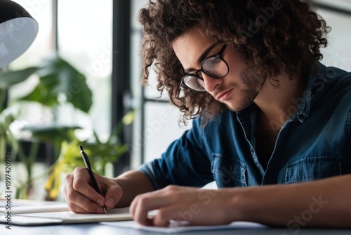 Young Man Writes Notes in a Bright Room Filled With Plants and Natural Light