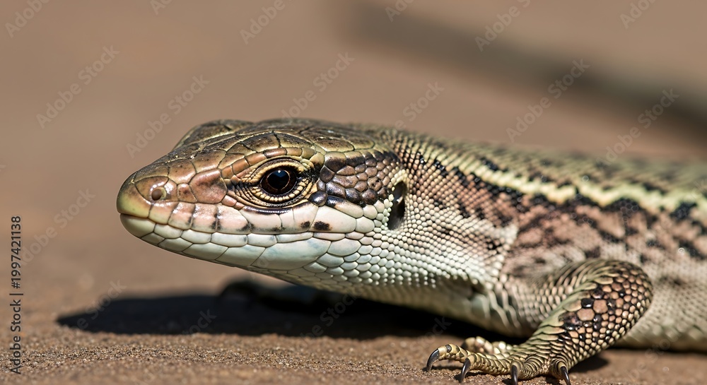 Fototapeta premium Close-up of a common lizard?s head and scales, basking in sunlight