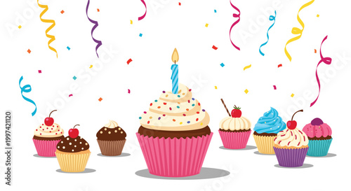 Assortment of delicious chocolate and vanilla cupcakes with colorful frosting and confetti for a festive birthday party.