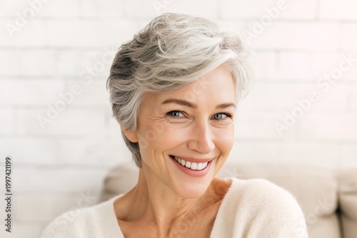 Woman Smiles While Sitting on a Couch in a Light Room With a Brick Wall in th...