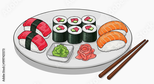 A plate of assorted sushi served with chopsticks