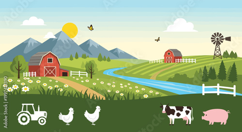 Beautiful rural farm landscape with red barns, rolling green hills, a river, and livestock under a clear sunny sky.