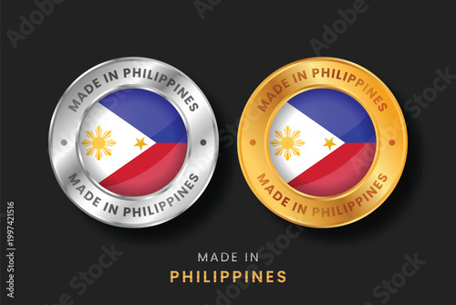 High-quality circular gold and silver labels with the Philippines flag. Made in Philippines emblems for local product certification, exports, and manufacturing origin branding.