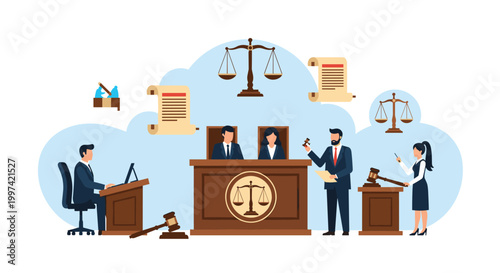 Courtroom scene with a judge, lawyers, and legal assistants working together under symbols of justice and law.