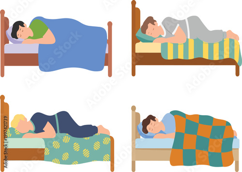 Four people sleeping soundly in separate beds, diverse individuals resting peacefully in comfortable bedrooms, illustration.