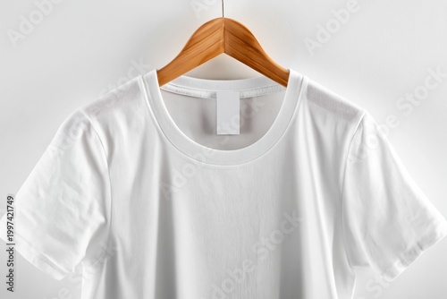 White T-Shirt Hanging on a Wooden Hanger With No Design and Blank Tag on a Pl...