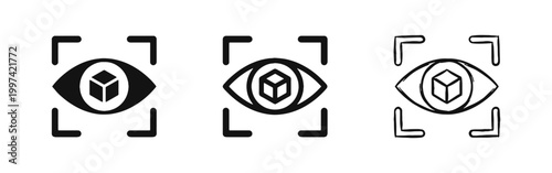 Visual Scanning and Quality Control Eye Icon Set with 3D Cube