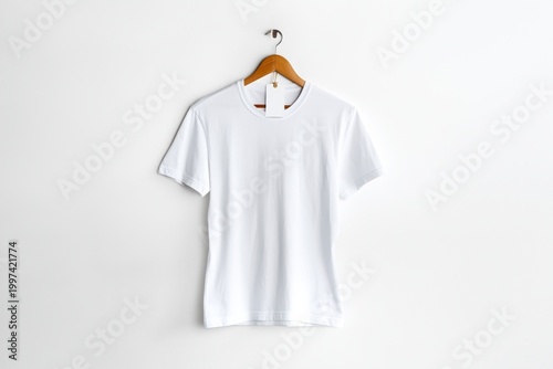 White T-Shirt Hanging on a Wooden Hanger With a Blank Tag Against a Plain Bac...