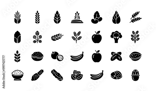 High fiber food icon set with grains fruits and vegetables minimal black vector collection