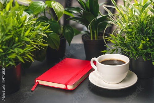 Notepad and Coffee Among Green Plants on a Dark Surface in a Bright Space