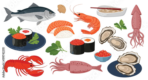 Assortment of fresh seafood including whole fish, shrimp, lobster, oysters, squid, and sushi rolls with garnishes.