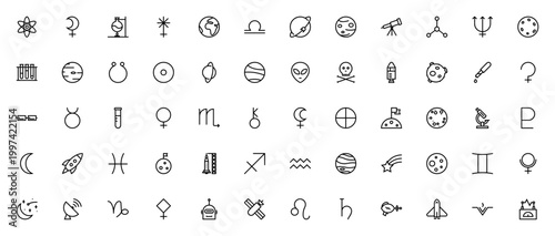 Space and Science icon set. Vector illustration pack with planets, lab tools, zodiac symbols, and celestial objects like rocket, telescope, and atom.