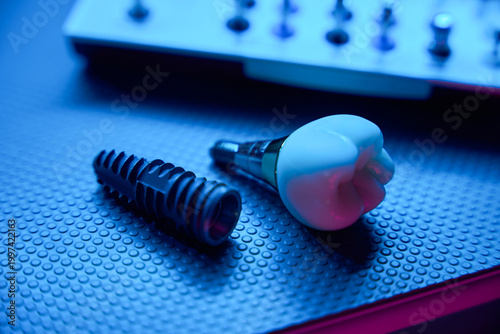 Billede på lærred Futuristic dental implant laboratory with prosthetic tooth