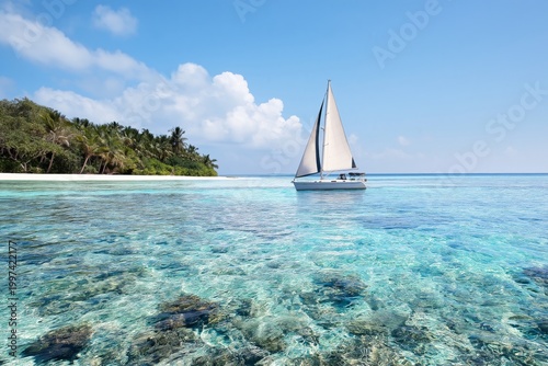 Sailing on Clear Waters Near a Tropical Island With Trees Under a Bright Sky