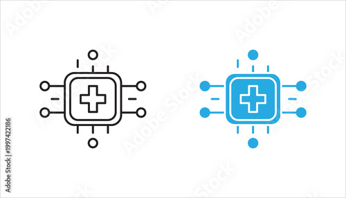 Line icon of a microchip featuring a medical cross in the center, symbolizing healthcare technology, digital health systems, AI diagnostics, and medical innovation.