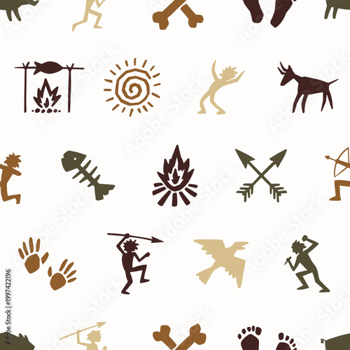 Caveman icons silhouette seamless pattern.  Vector doodle silhouette pattern design
