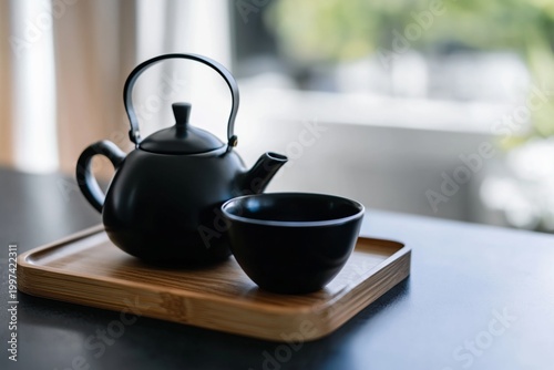 Black Teapot and Bowl on Wooden Tray in a Bright Kitchen Setting With Soft Na...