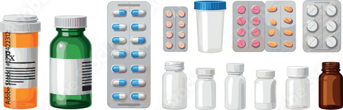 Pharmacy Medicine Bottles and Blister Pack Collection with Pills Capsules Tablets Vector