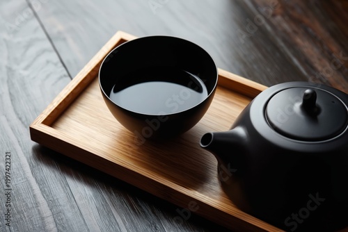Black Teapot and Bowl on Wooden Tray in a Bright Kitchen Setting With Soft Na...