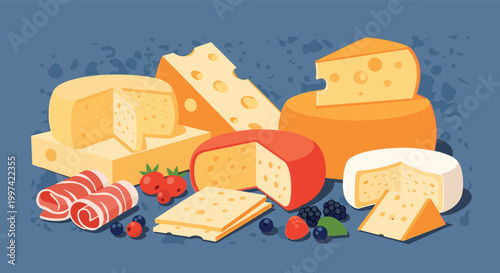 Assortment of cheese varieties including wedges, wheels, and crackers paired with fresh berries and cured meat.