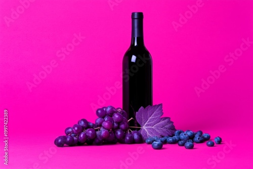 Bottle of Red Wine With Grapes and Blueberries on a Bright Pink Background
