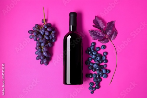 Wine Bottle With Purple Grapes and Blue Berries on Pink Background