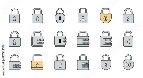 Large collection of different padlock icons including key and combination locks in various states of security and design.