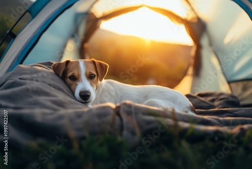 Dog Resting Inside Tent During Sunset at Campsite in Nature