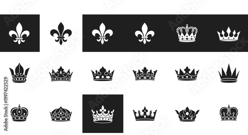 Assortment of royal crown silhouettes and fleur-de-lis symbols in black and white representing heraldry and nobility.