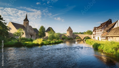 serene medieval village by a river