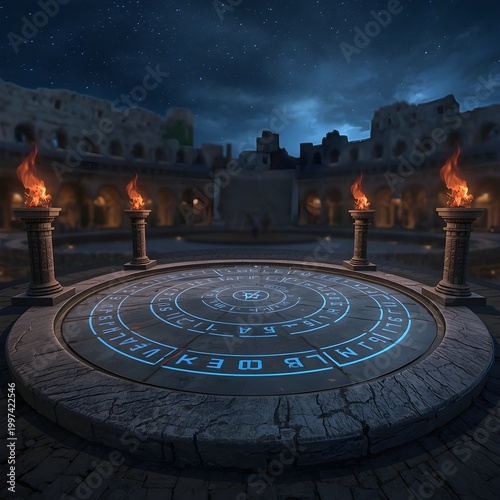 Ancient Stone Colosseum Arena for Fantasy Card Battle Game at Night