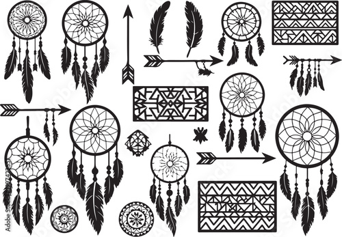 Black dreamcatcher feathers arrows geometric patterns