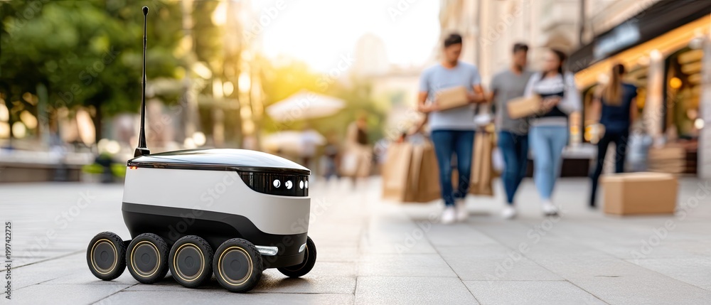 Obraz premium Autonomous delivery robot on a busy city sidewalk during golden hour with people and buildings in the background