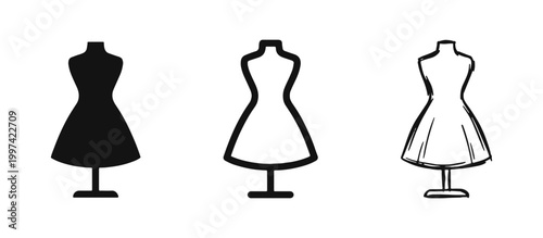 Tailor Mannequin Dress Form Icons in Solid, Outline, and Hand-Drawn Styles