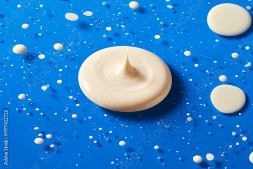 Creamy White Sauce Sits on Blue Surface With Small Drops Around
