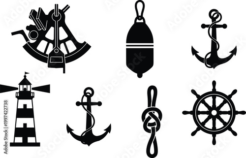 Nautical including anchors, buoys, lighthouse, ship wheel, and knots, in black on white background