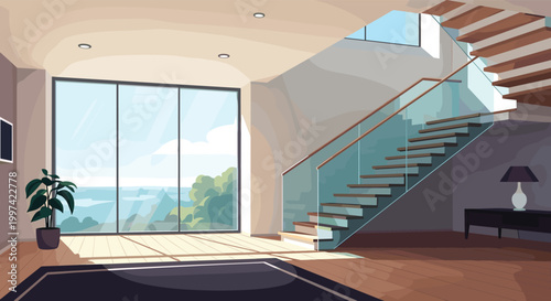 Modern house interior featuring a spacious living room with large glass window, wooden stairs, and view of nature.