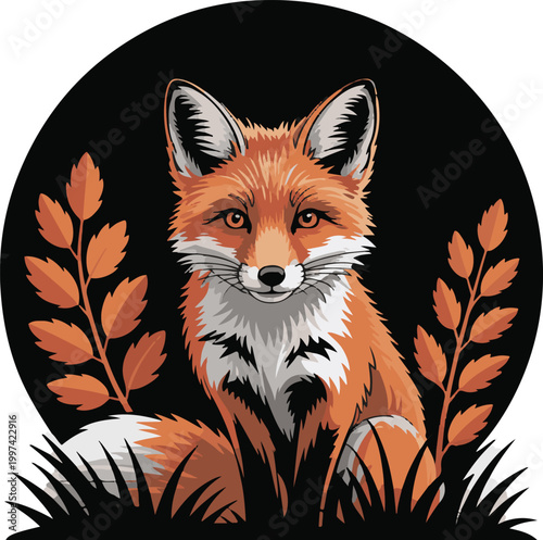 PrintCute red fox hiding behind autumn bushes with bright fall leaves in forest