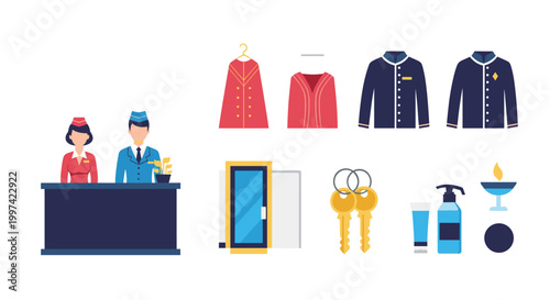 Hotel service elements including reception desk staff, uniforms, keys, and toiletries for guest accommodation.