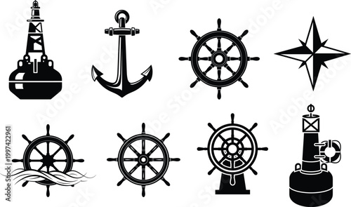 Nautical including lighthouse, anchor, ship wheels, and compass, in black on white background