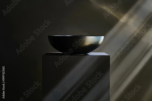 Bowl Placed on a Pedestal With Light Streaming Through a Window in a Dark Room