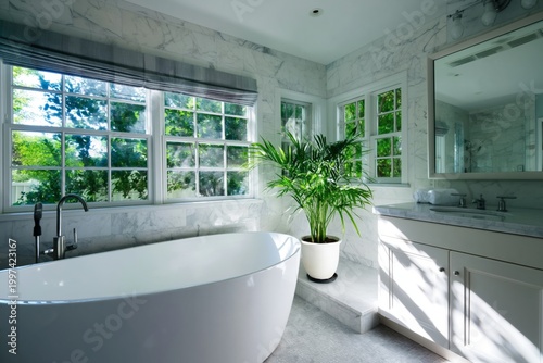 Elegant Bathroom With a Freestanding Tub and Large Window Showing Greenery