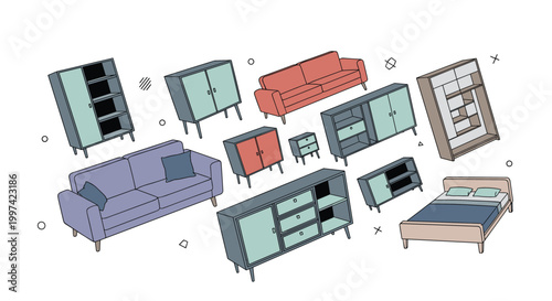 Collection of various modern furniture pieces including sofas, cabinets, dressers, and a bed in flat design style.