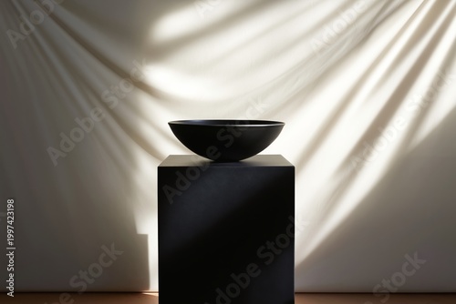 Bowl Placed on a Pedestal With Light Streaming Through a Window in a Dark Room