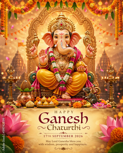 Ganesha, elephant headed, four armed, holds symbols, wears gold and flowers known as Vinayaka/Ganapati, with offerings, temple backdrop.