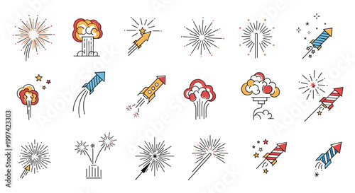 Extensive collection of colorful firework and rocket icons representing celebrations, festivals, and pyrotechnics.