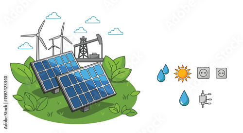 Illustration of various renewable energy sources like solar panels and wind turbines alongside environmental icons.